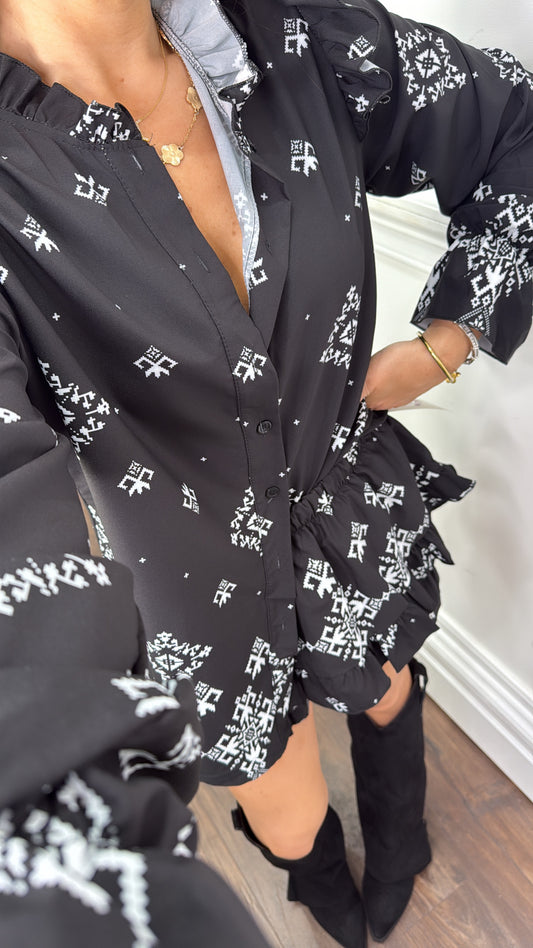 TEXAS black ikat print ruffle skort co-ord