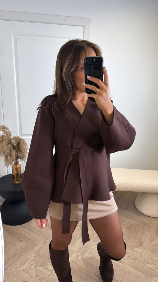 OPHELIA brown wrap cardigan with balloon sleeve