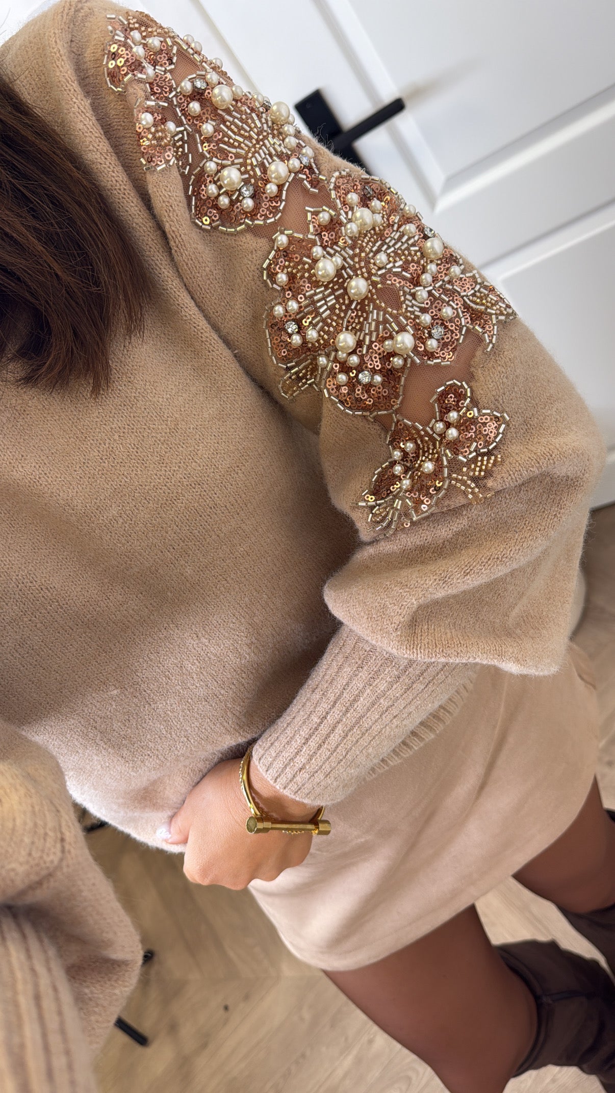 TABITHA beige soft jumper with sequin and pearl embellishment