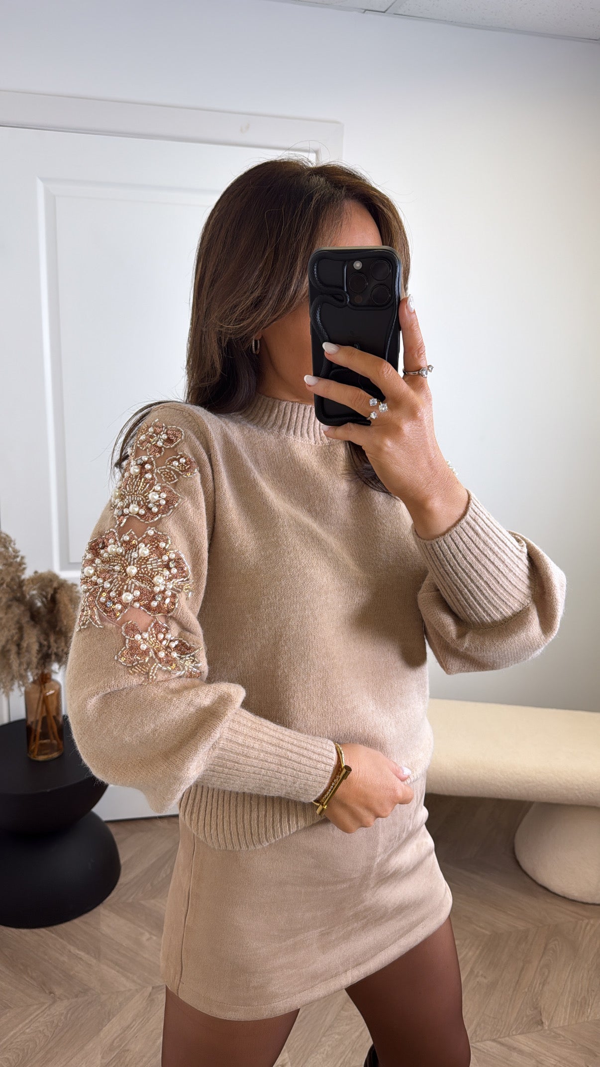 TABITHA beige soft jumper with sequin and pearl embellishment