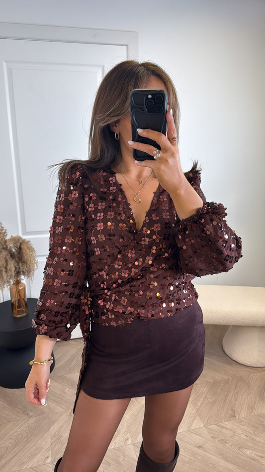 PORTIA brown sequin semi sheer wrap blouse