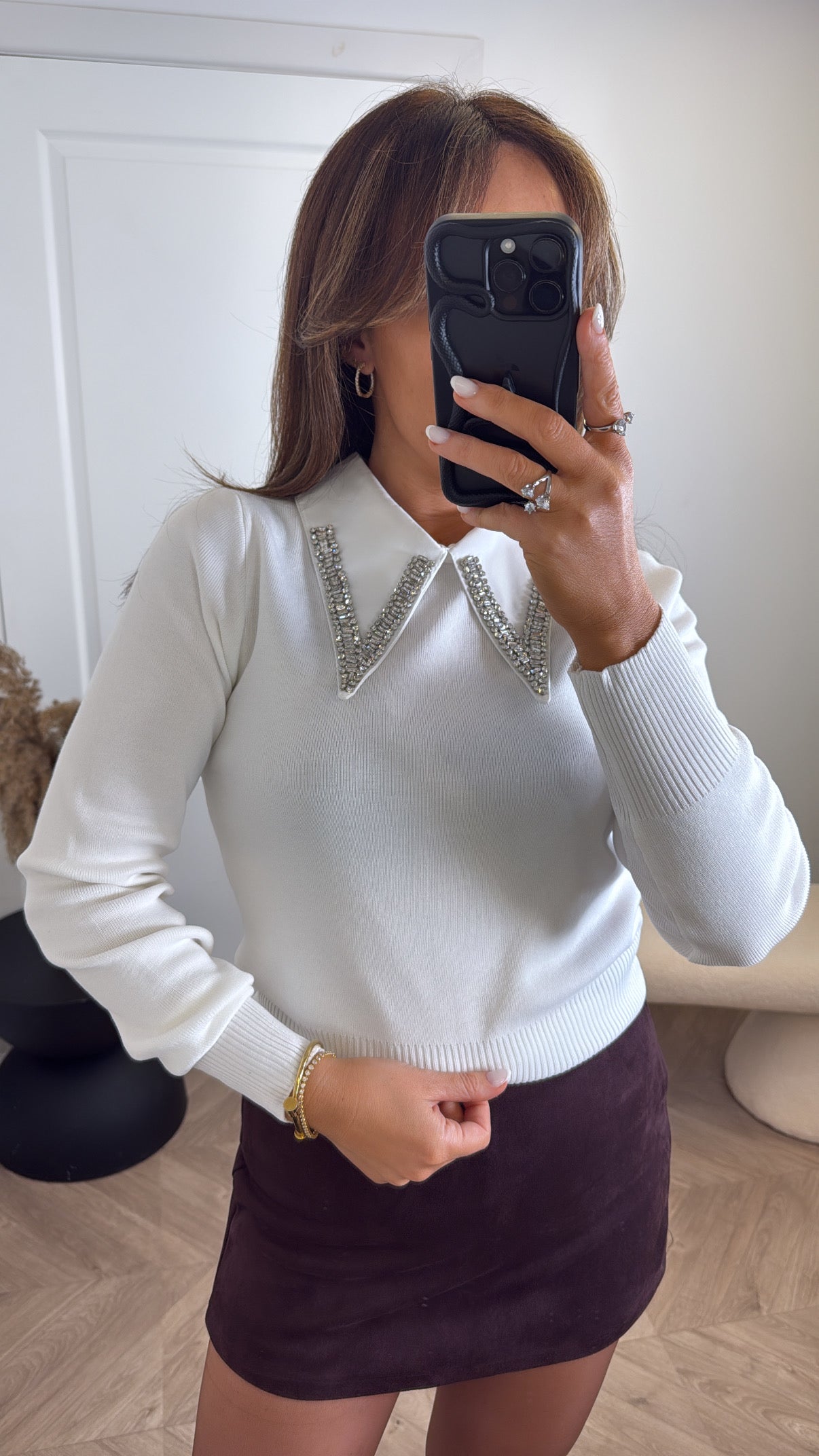 PENELOPE white luxe embellished jewel collar jumper