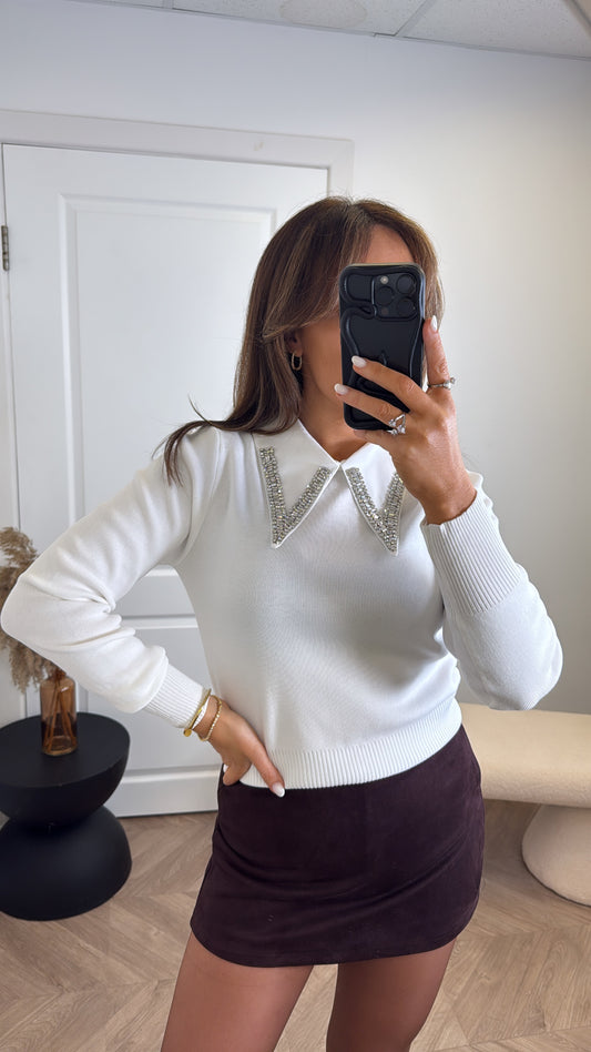 PENELOPE white luxe embellished jewel collar jumper