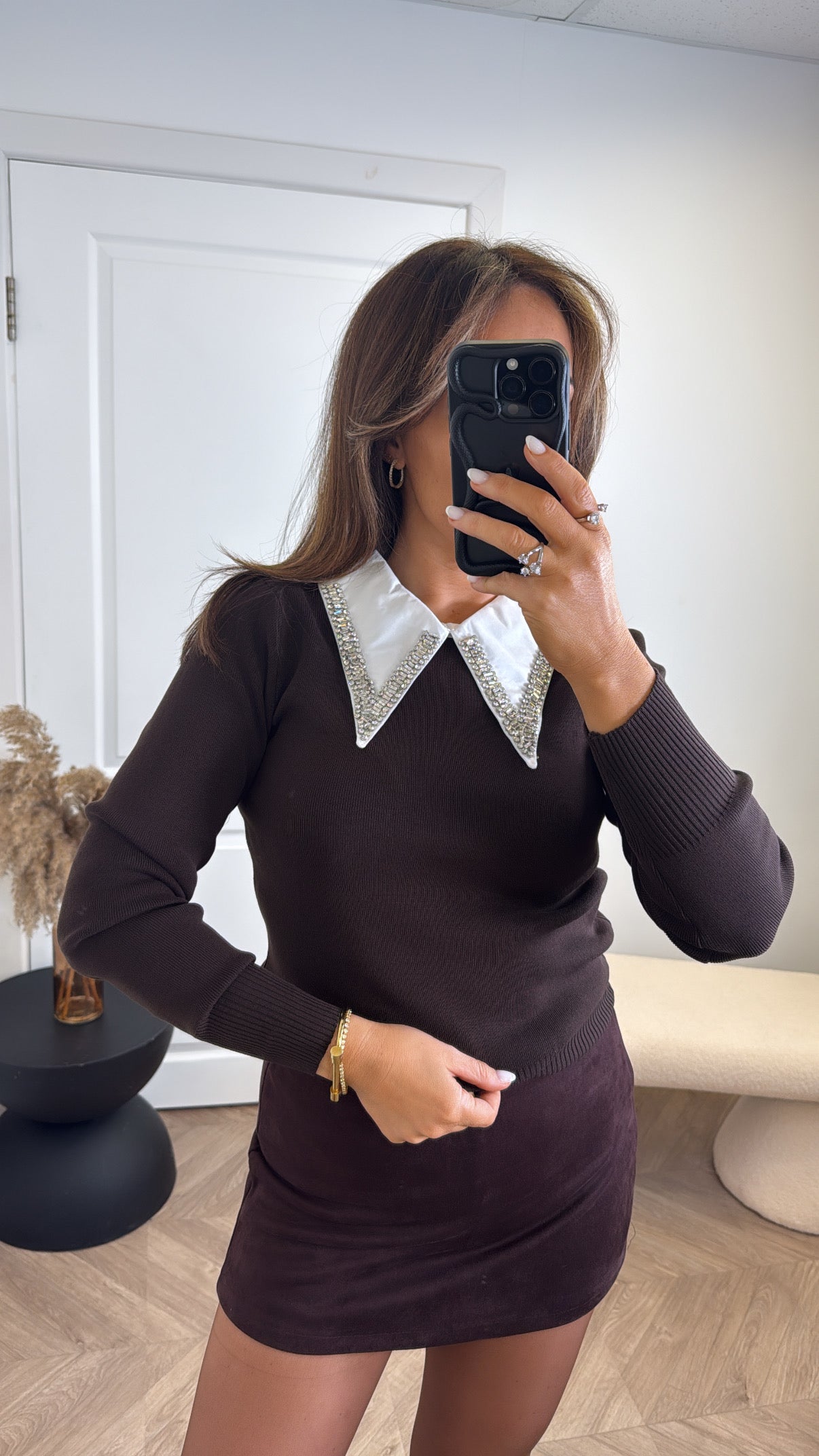 PENELOPE brown luxe embellished jewel collar jumper