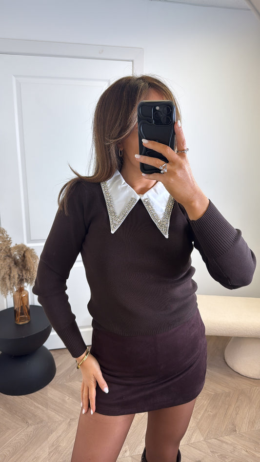 PENELOPE brown luxe embellished jewel collar jumper