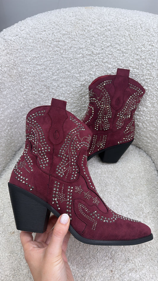 DALLAS burgundy faux suede embellished cow boy boots