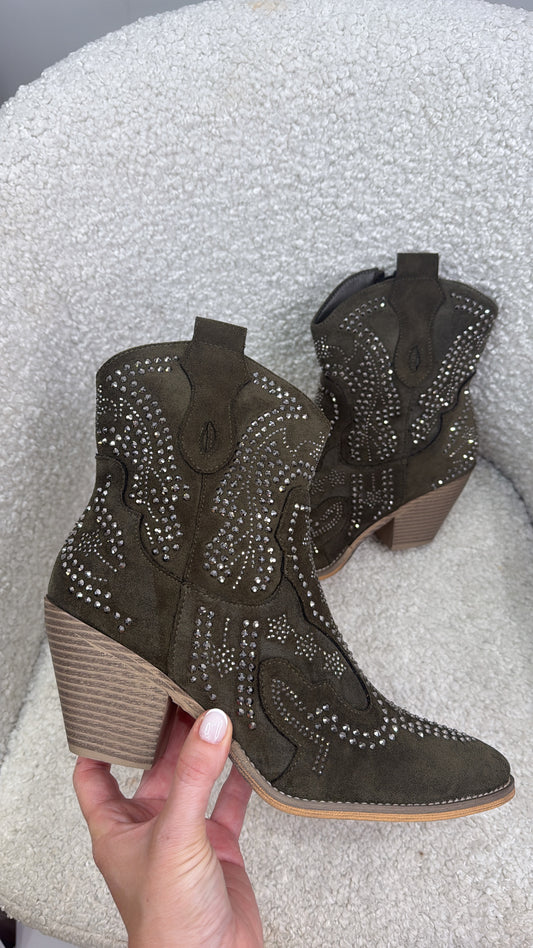 DALLAS khaki faux suede embellished cow boy boots