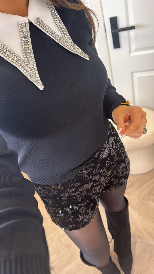 PENELOPE black luxe embellished jewel collar jumper
