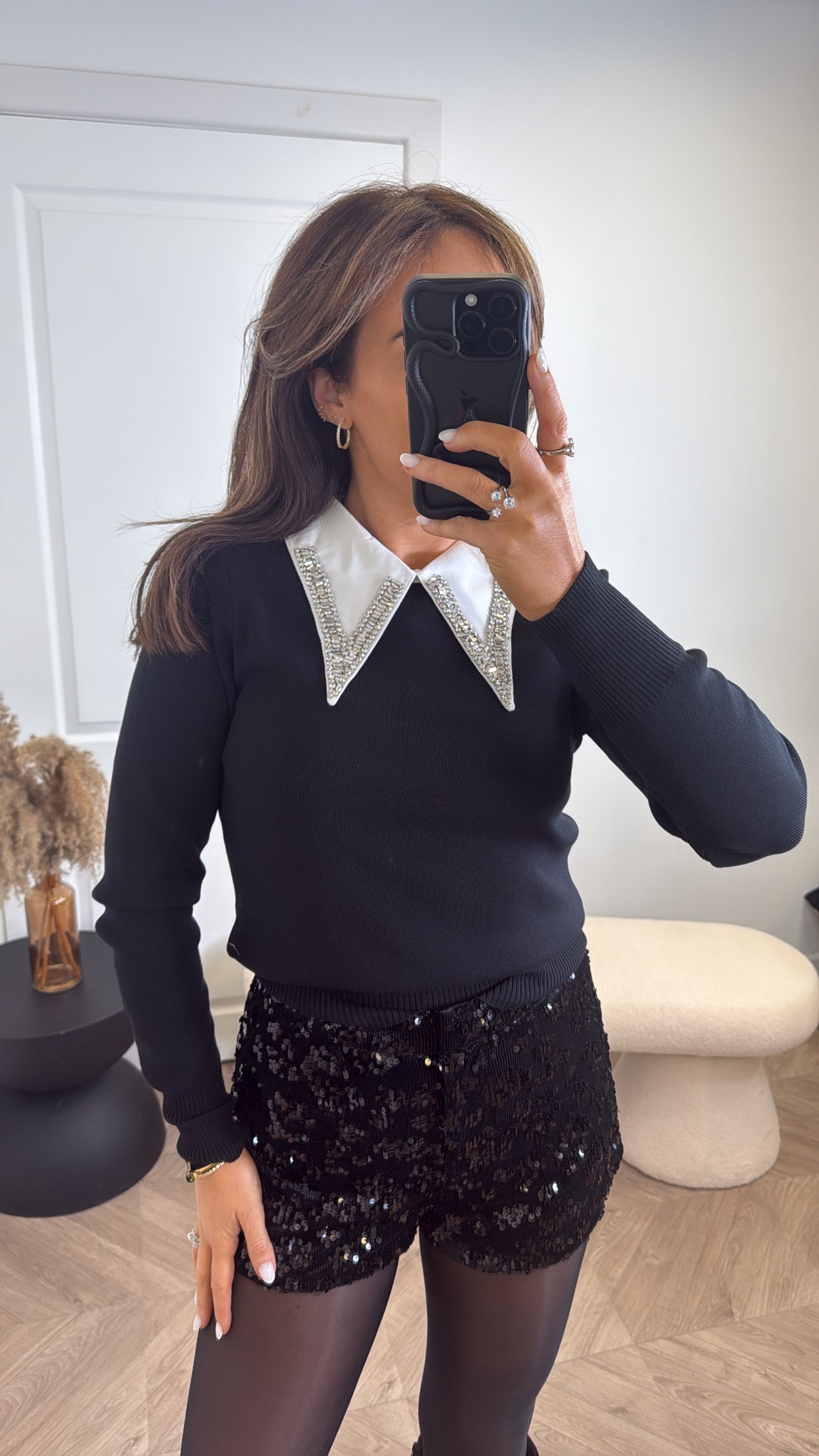 PENELOPE black luxe embellished jewel collar jumper