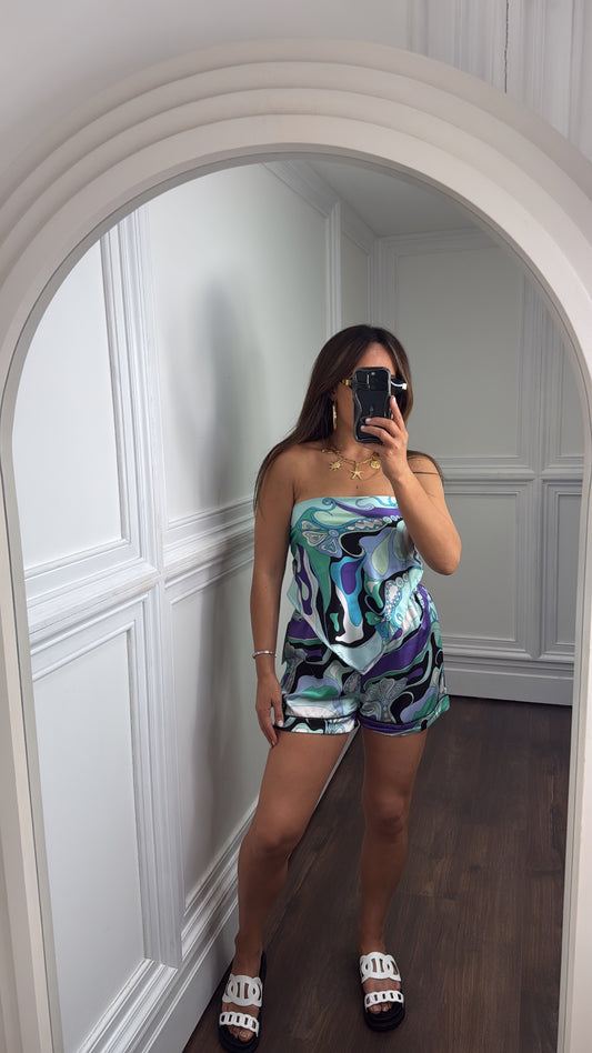 ARABELLA aqua retro print crop top and short's co-ord