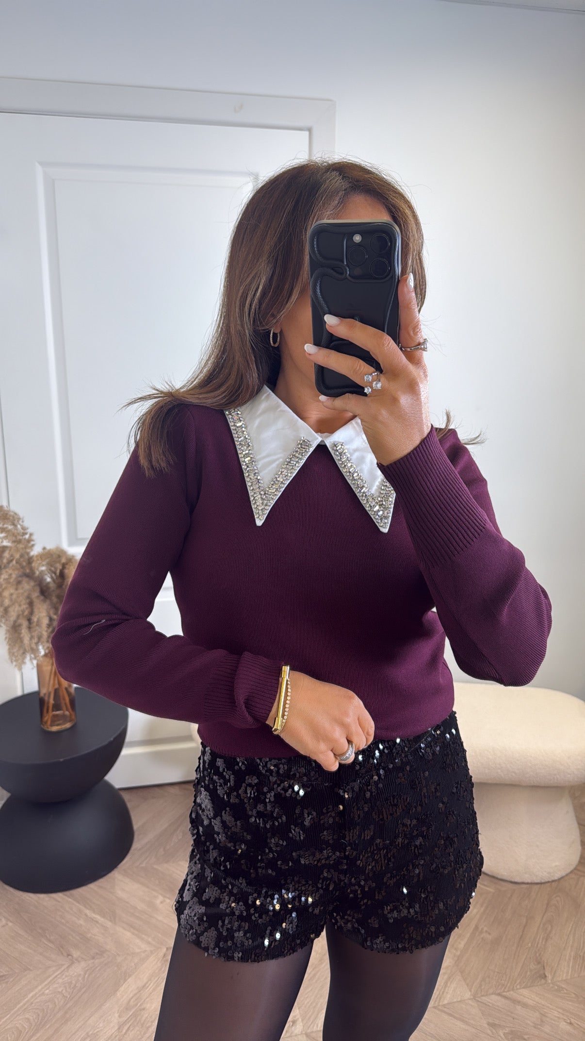 PENELOPE plum luxe embellished jewel collar jumper