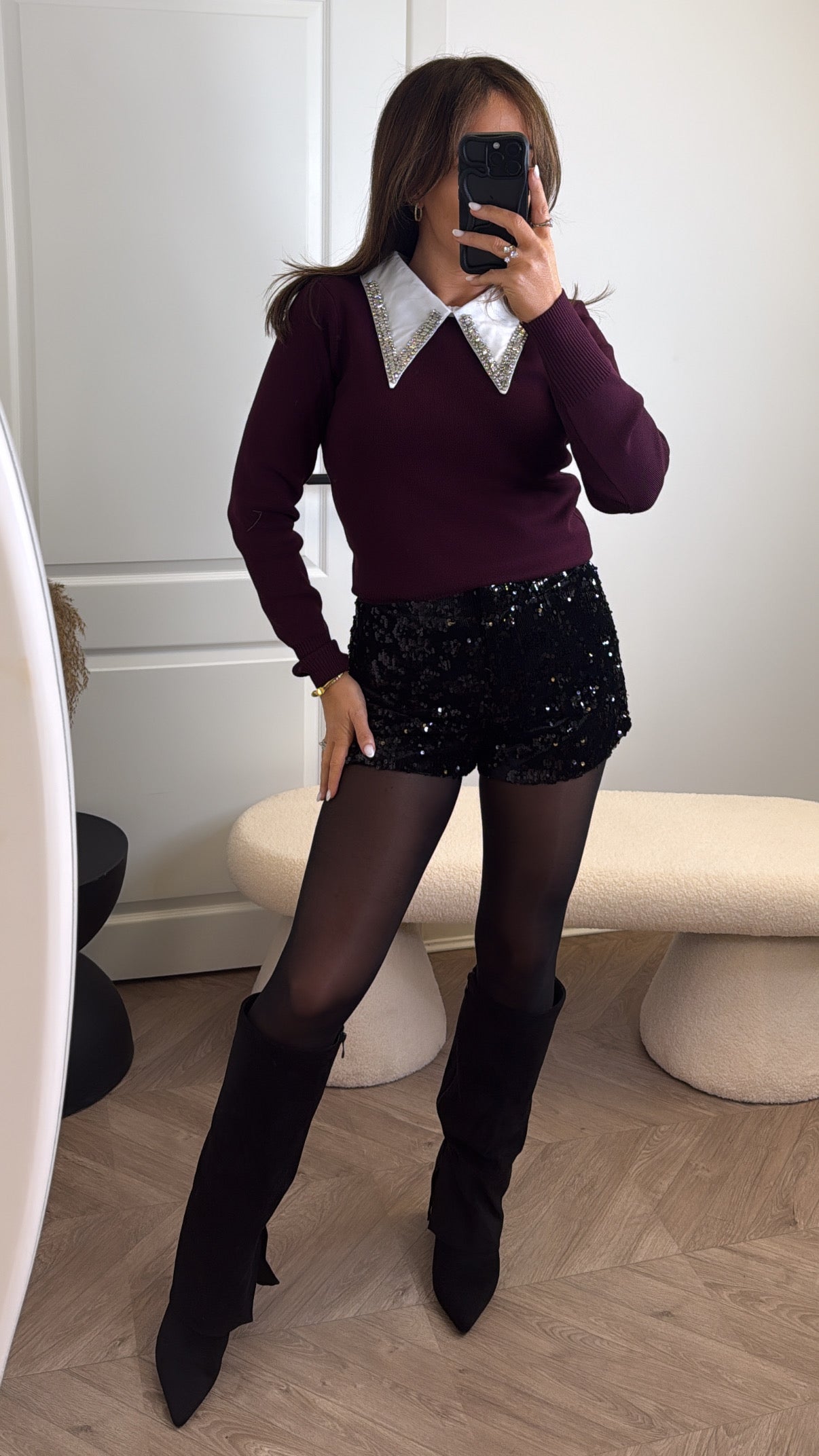 PENELOPE plum luxe embellished jewel collar jumper