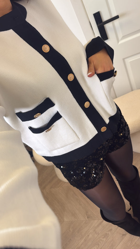 LINA white contrast cardigan with gold buttons