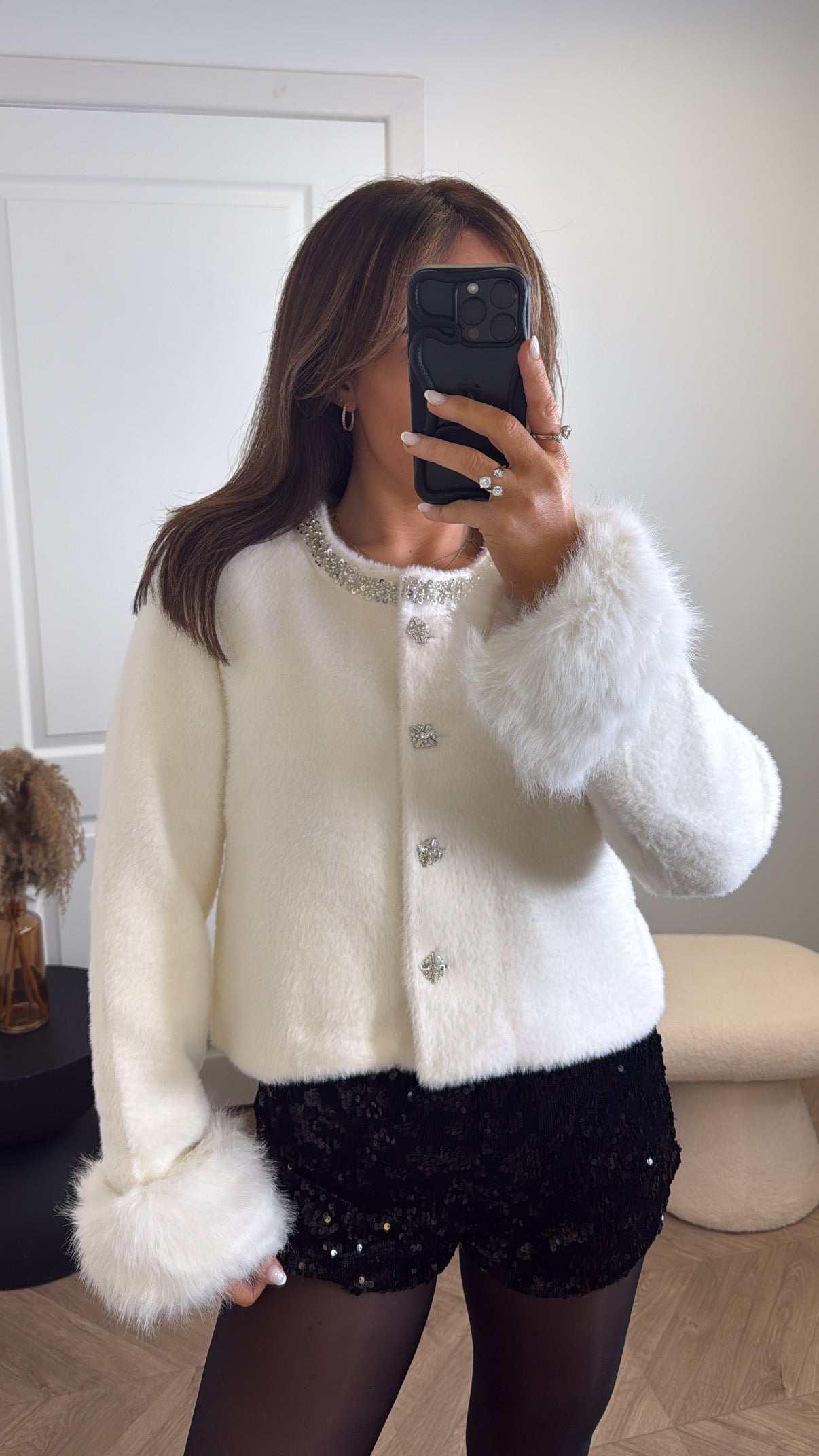 OPALINE cream faux fur cardigan with fluffy cuffs