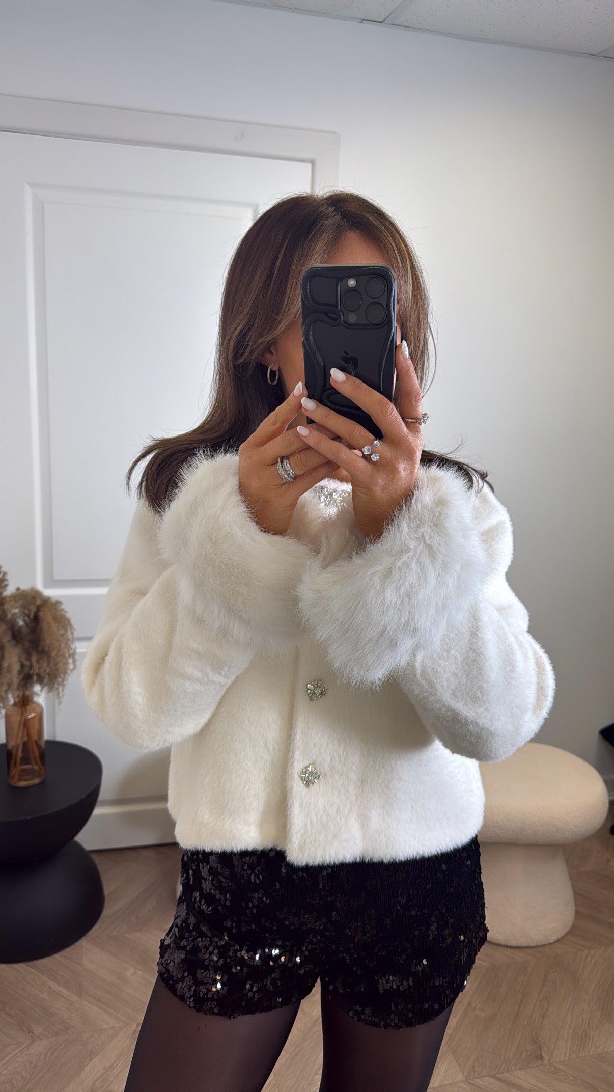 OPALINE cream faux fur cardigan with fluffy cuffs