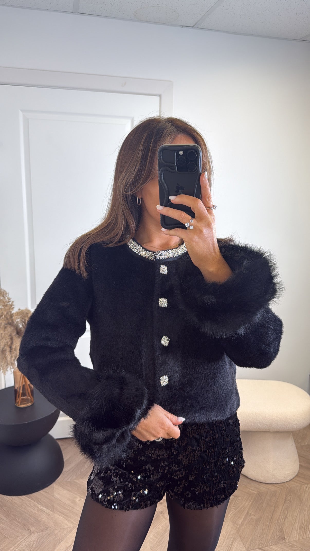 OPALINE black faux fur cardigan with fluffy cuffs