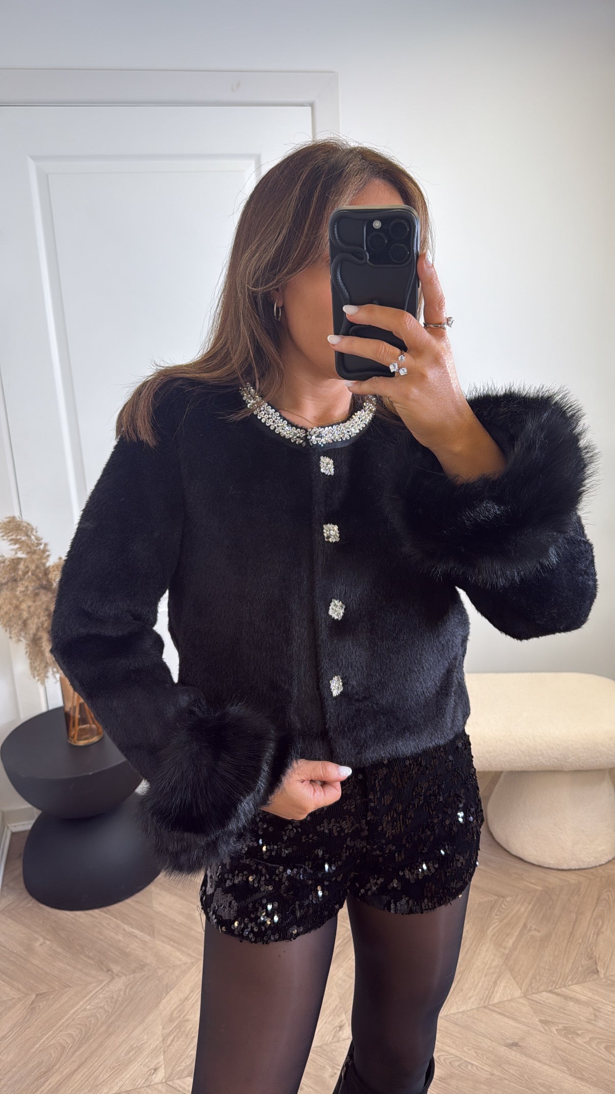 OPALINE black faux fur cardigan with fluffy cuffs