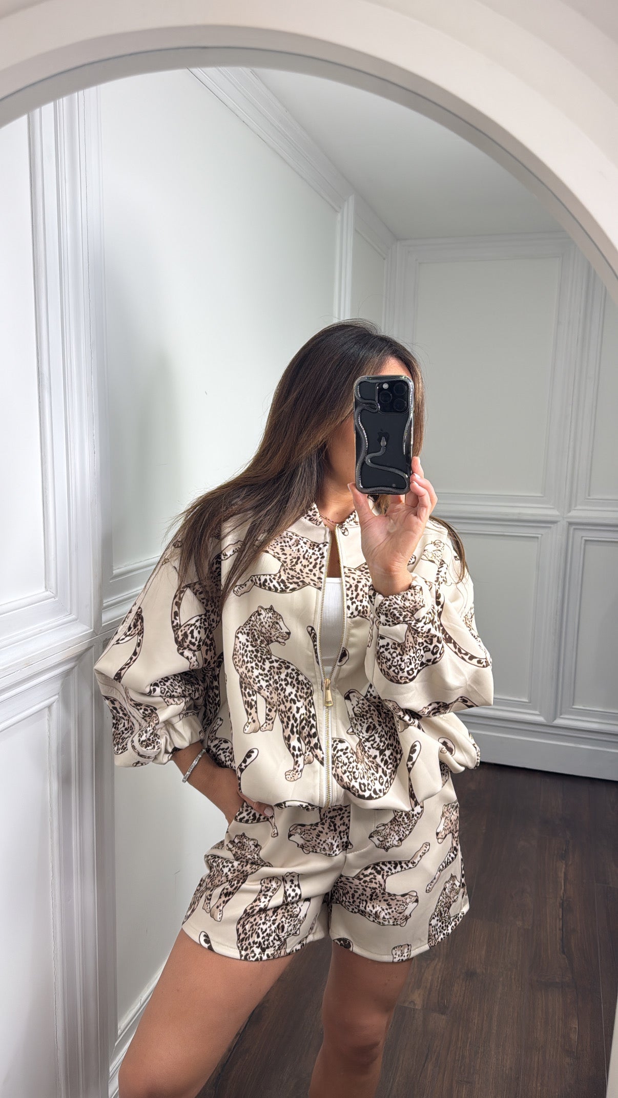 INDIE cream leopard design bomber and shorts co-ord
