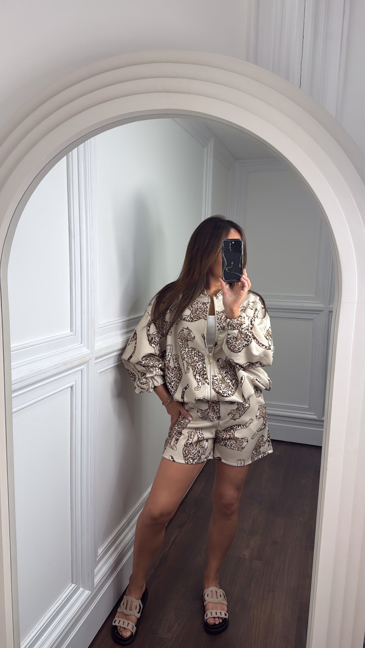 INDIE cream leopard design bomber and shorts co-ord