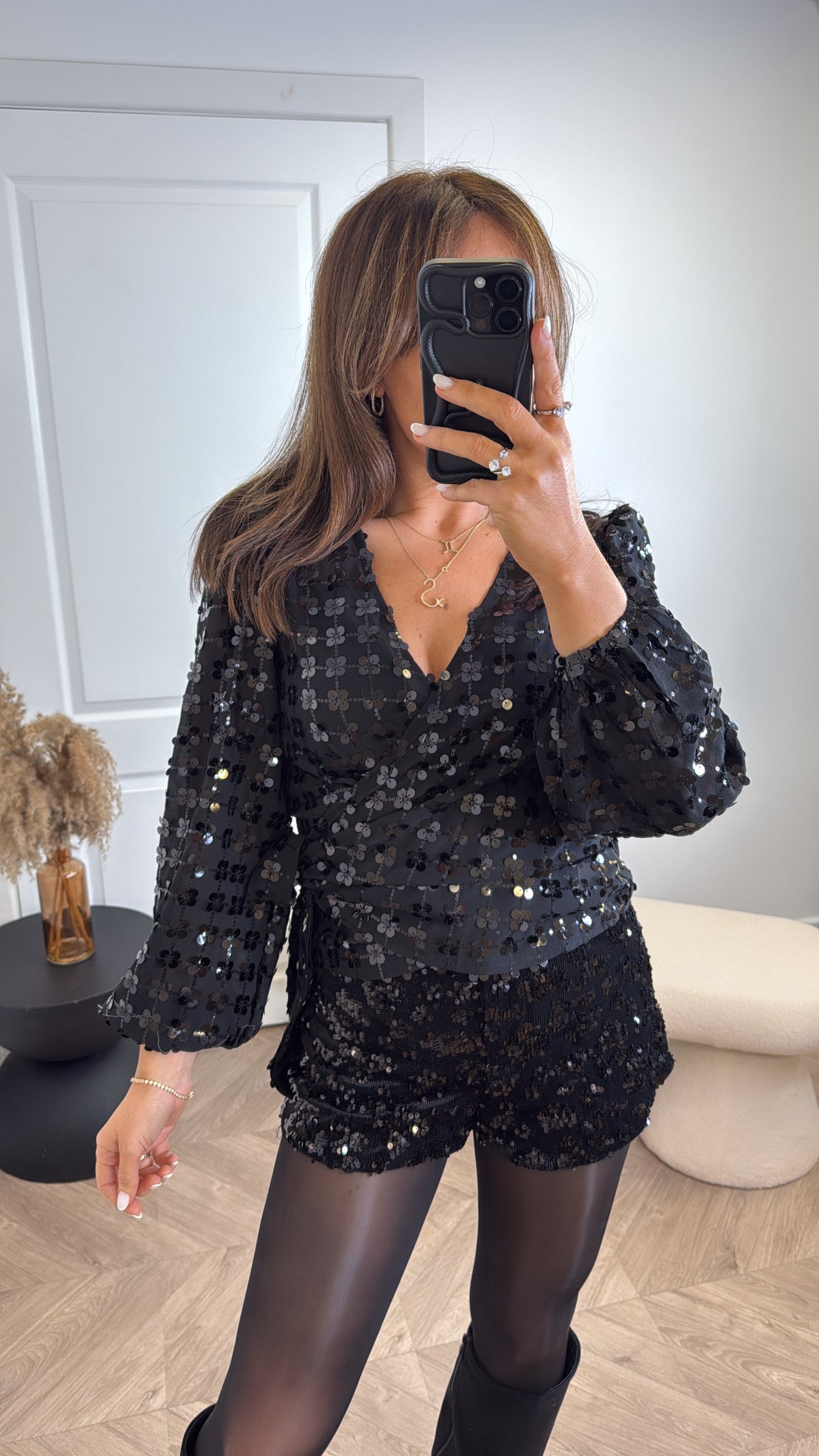PORTIA black sequin semi sheer wrap blouse