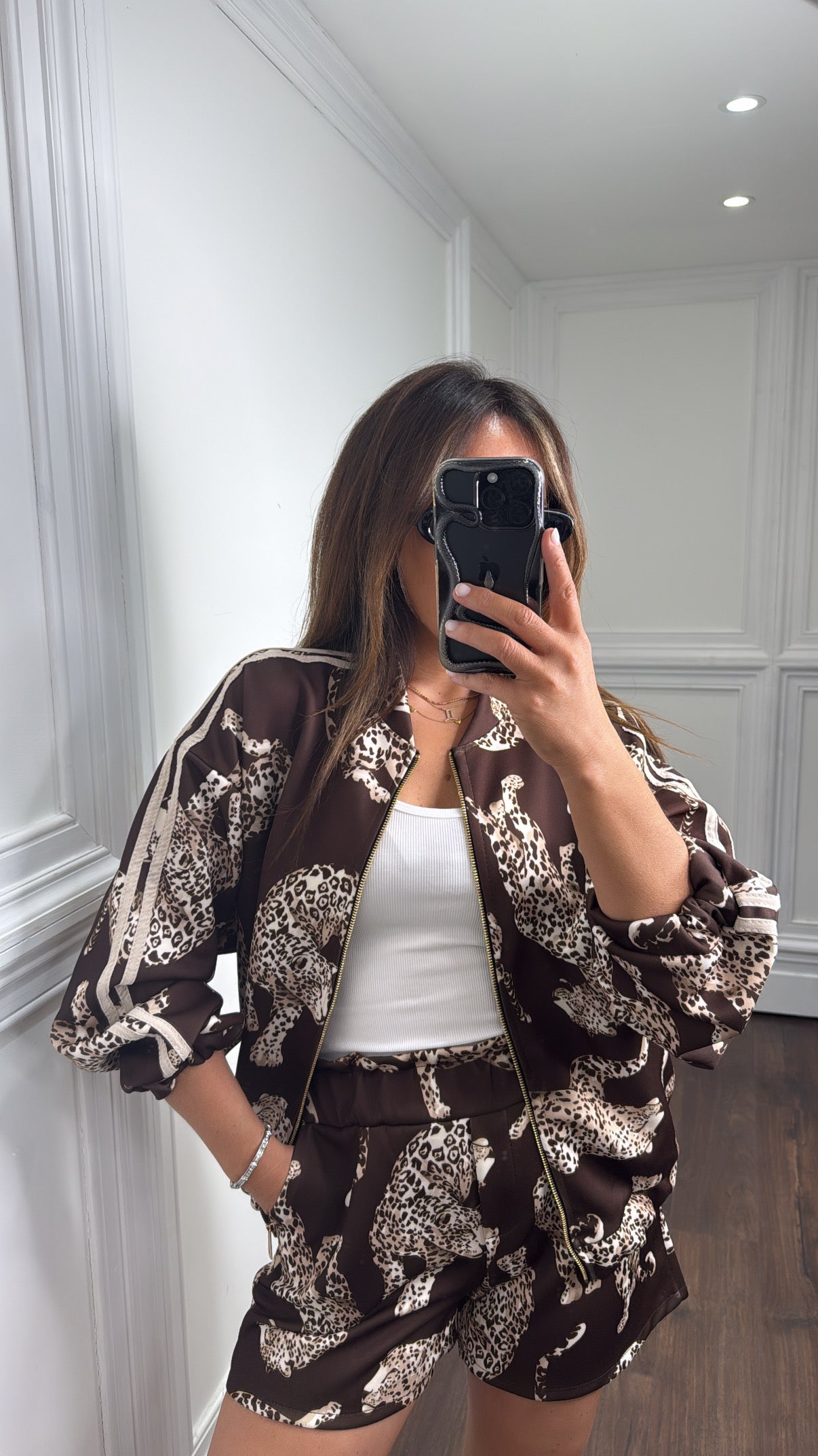 INDIE brown leopard design bomber and shorts co-ord