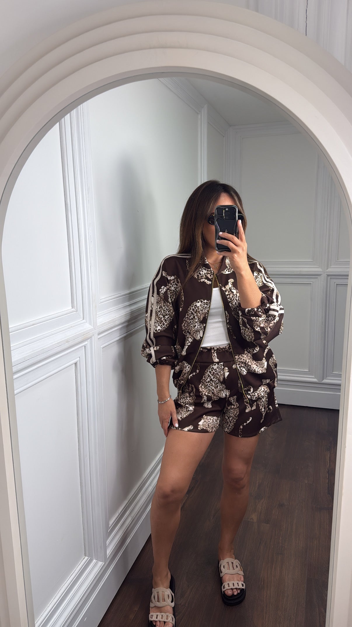 INDIE brown leopard design bomber and shorts co-ord