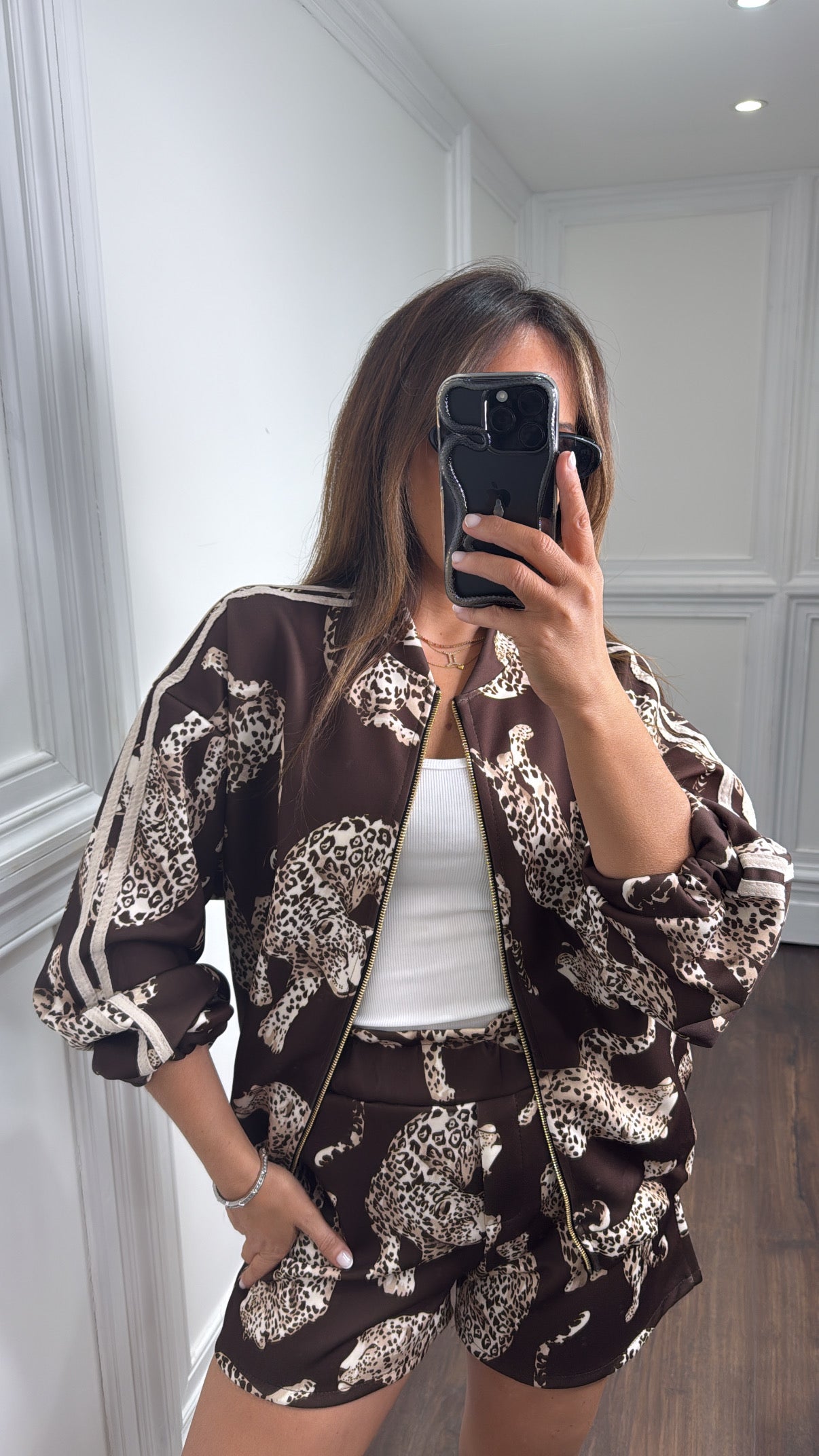 INDIE brown leopard design bomber and shorts co-ord