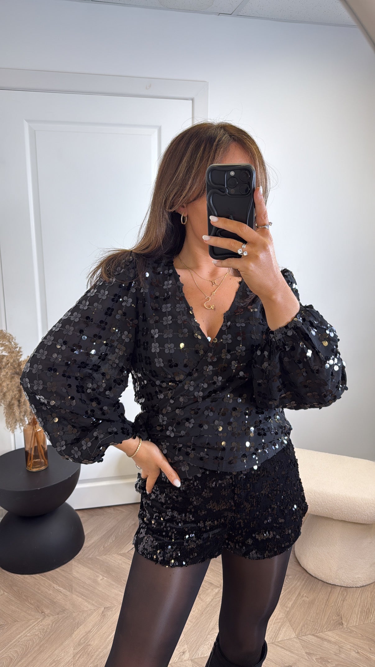 PORTIA black sequin semi sheer wrap blouse