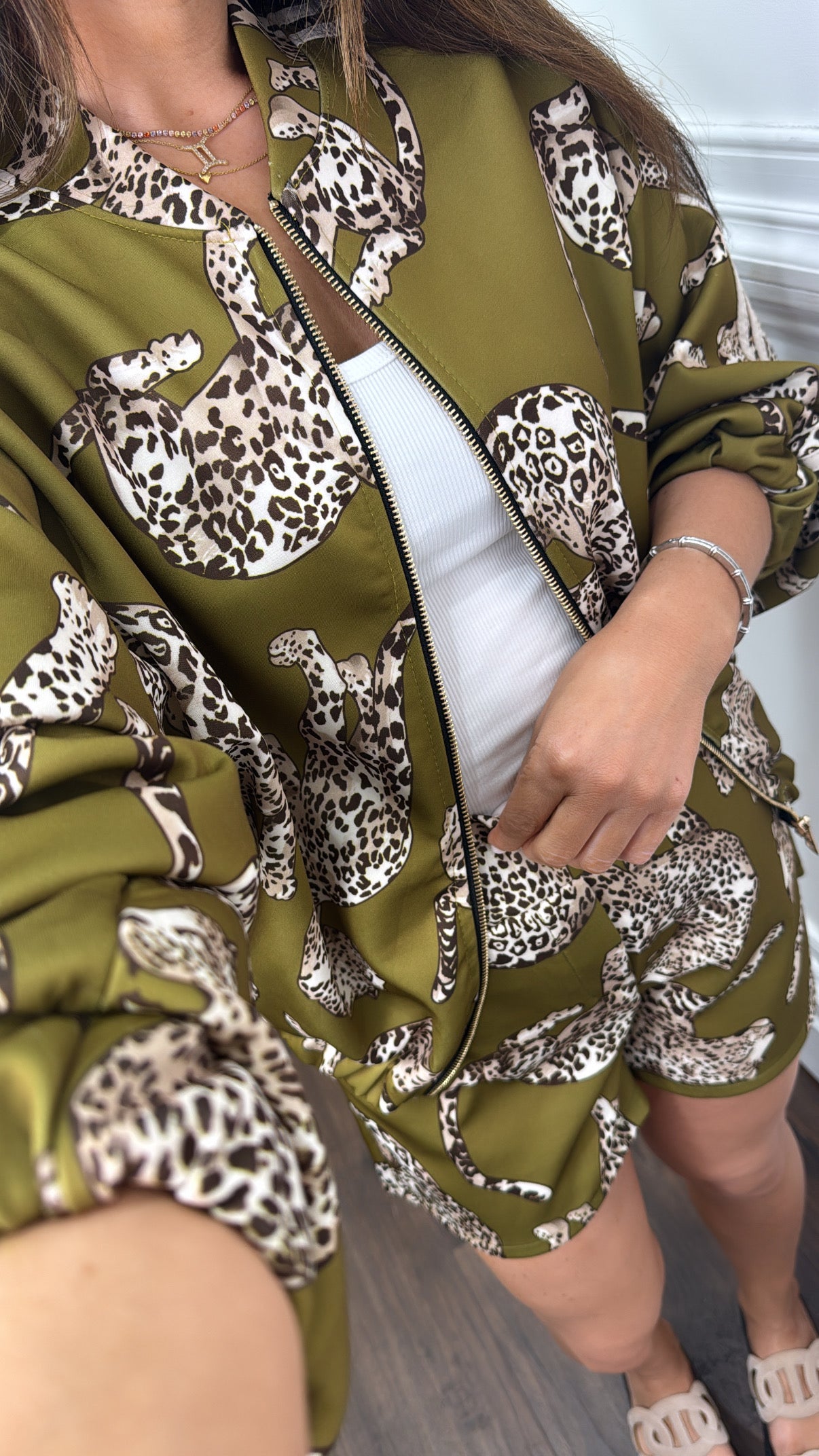 INDIE olive leopard design bomber and shorts co-ord