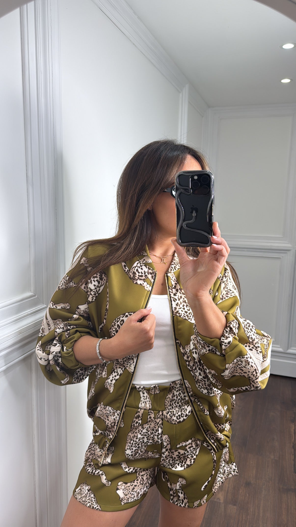 INDIE olive leopard design bomber and shorts co-ord
