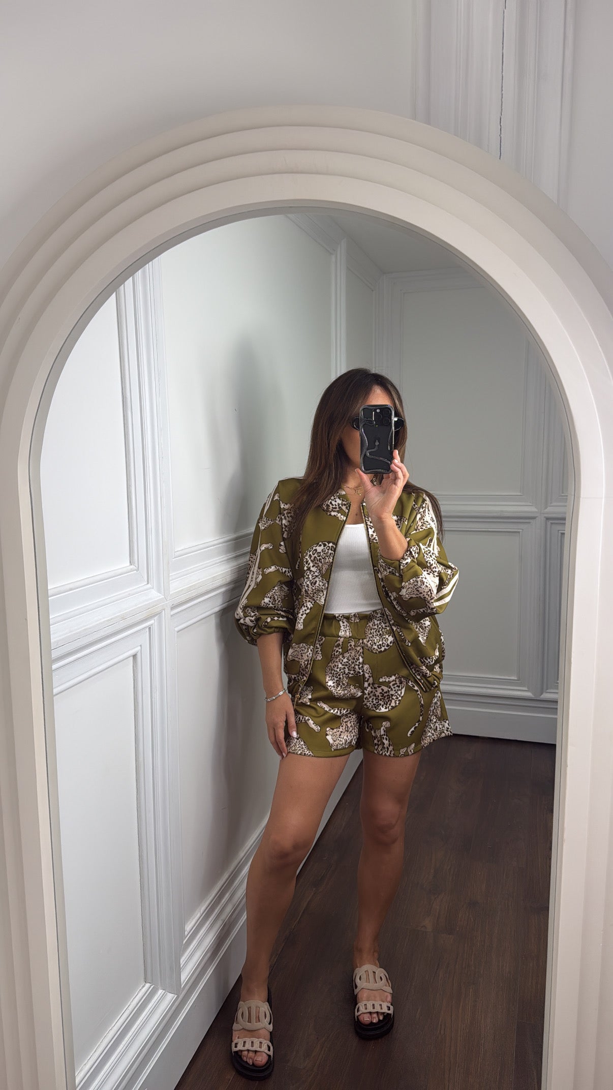 INDIE olive leopard design bomber and shorts co-ord