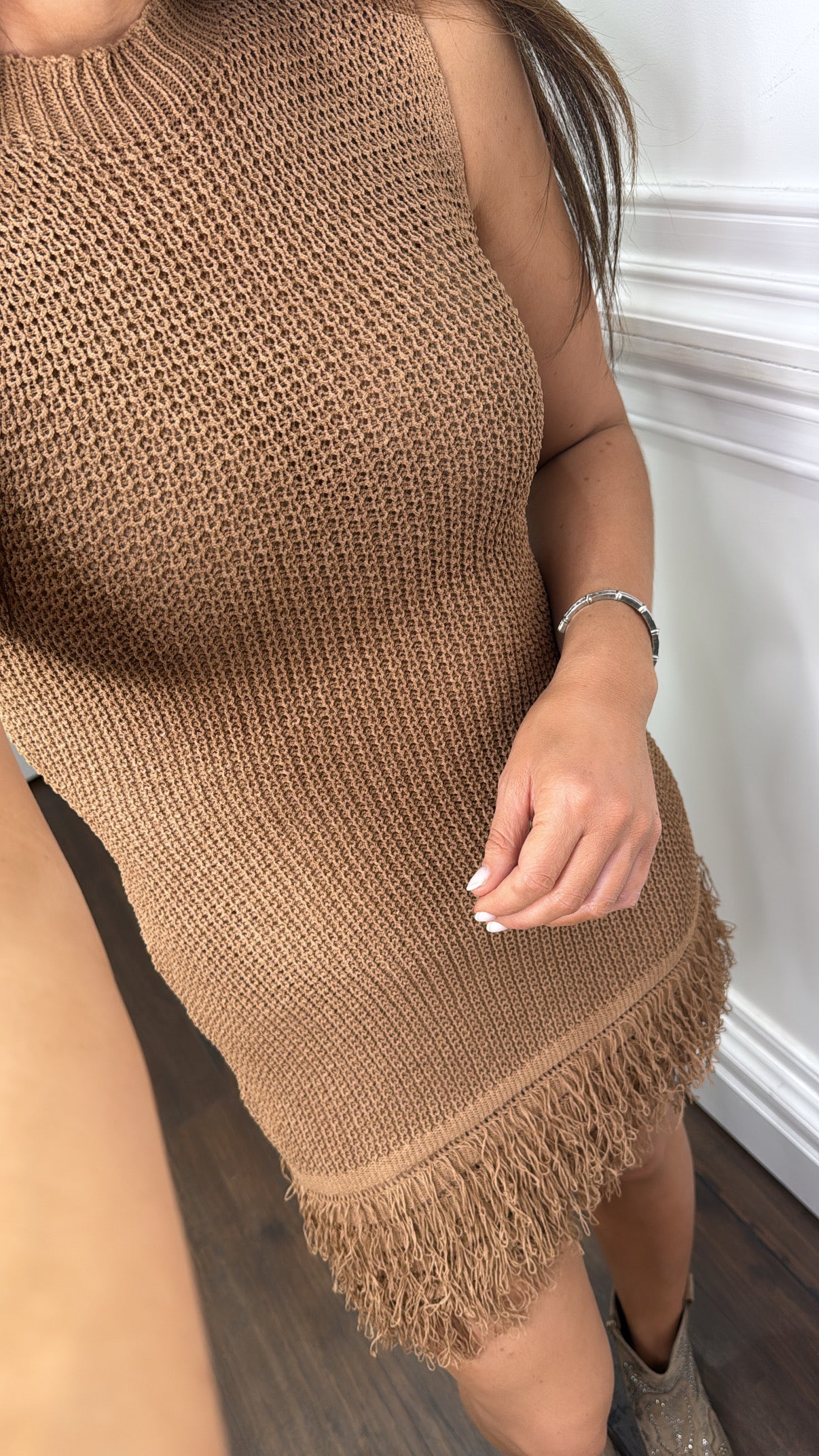 EBONY camel knitted fringe dress