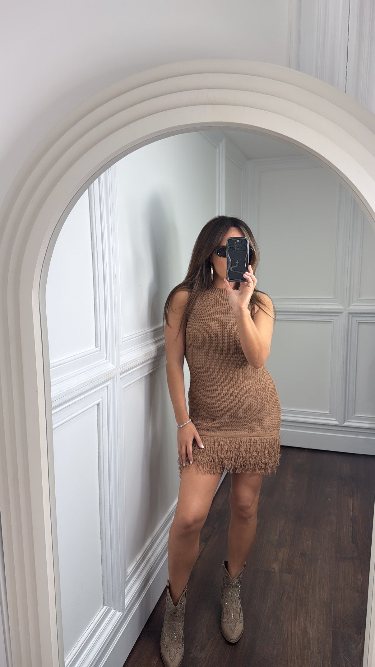 EBONY camel knitted fringe dress