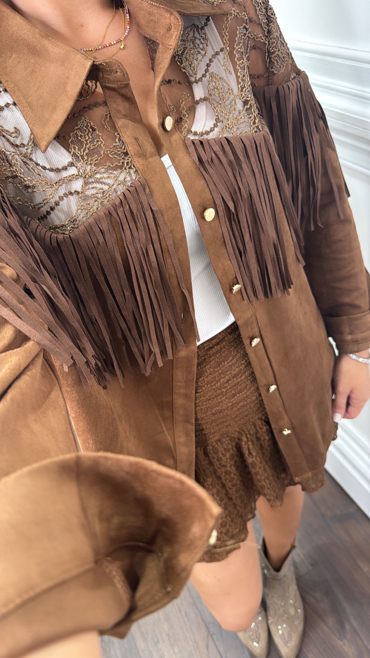 BROGAN brown soft suede tassel shirt