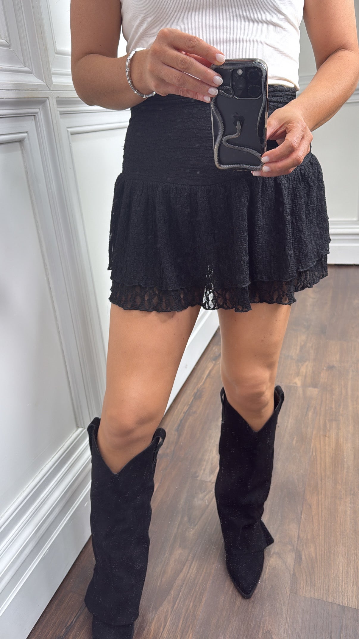 AMARI black lace ruffle skirt