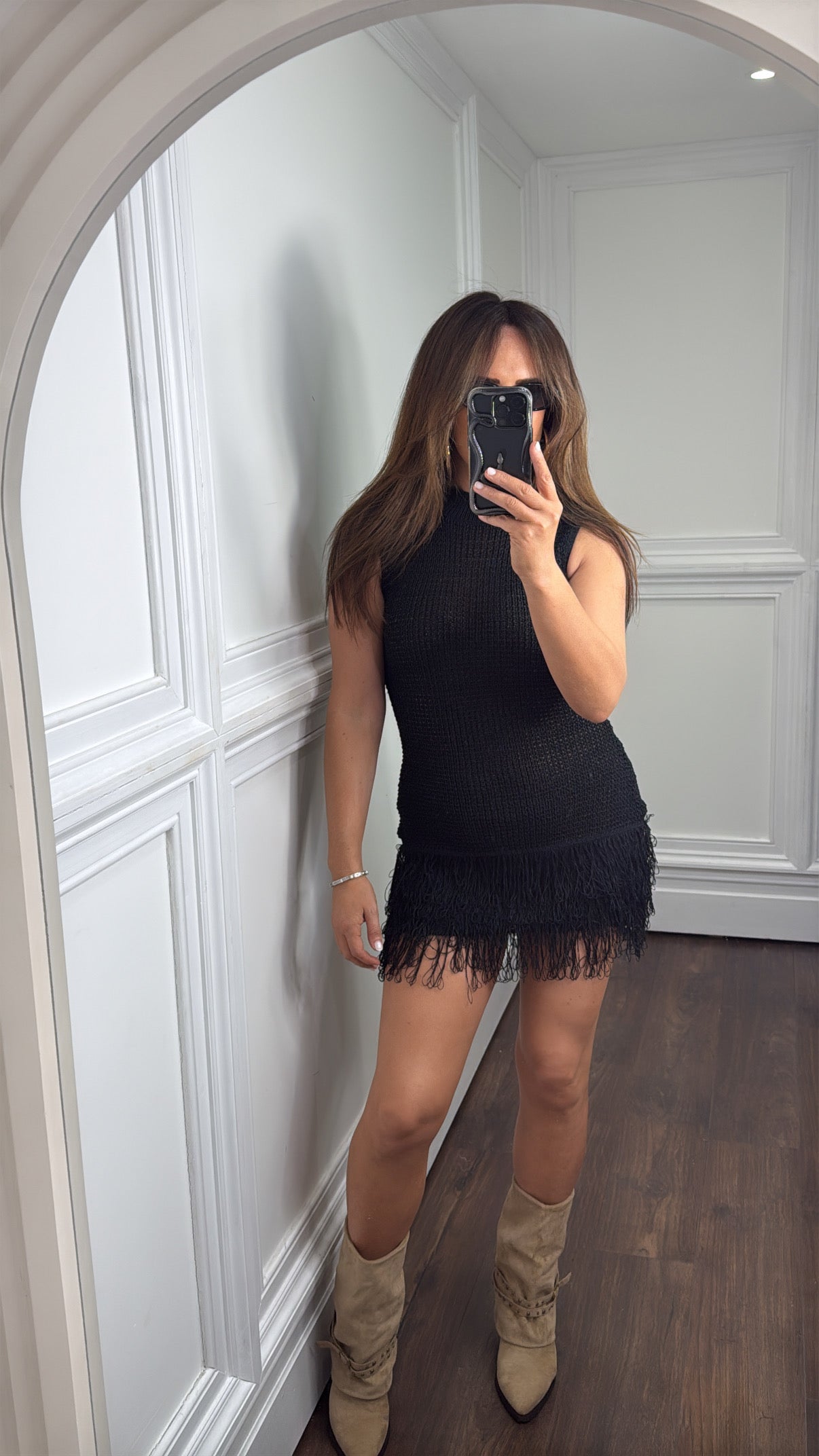 BETHANY black knitted fringe dress