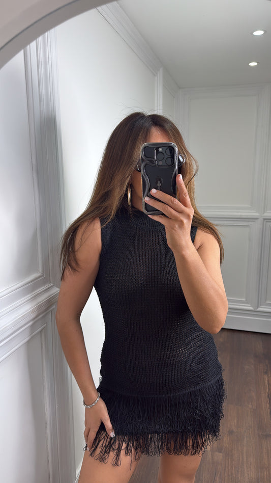 BETHANY black knitted fringe dress