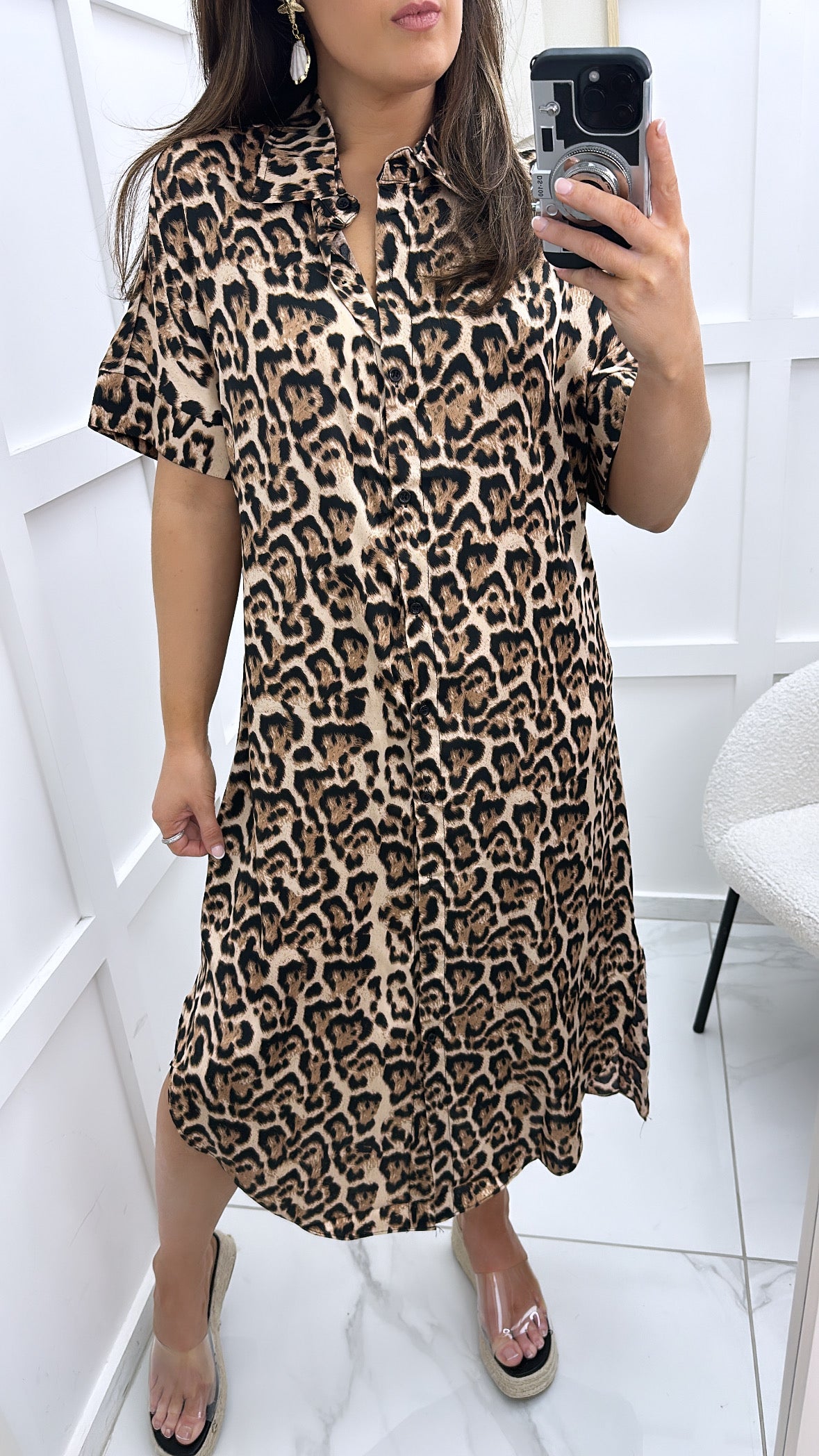 ANGELINE leopard print satin maxi shirt dress