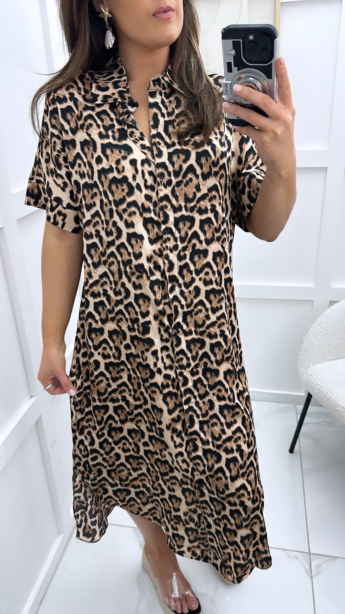 ANGELINE leopard print satin maxi shirt dress