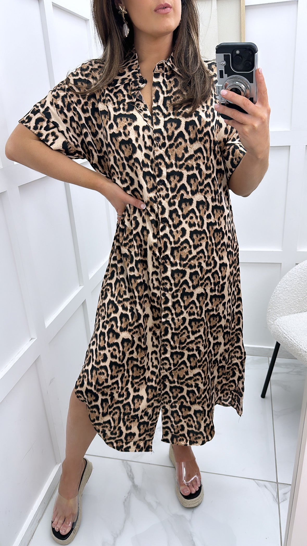 ANGELINE leopard print satin maxi shirt dress