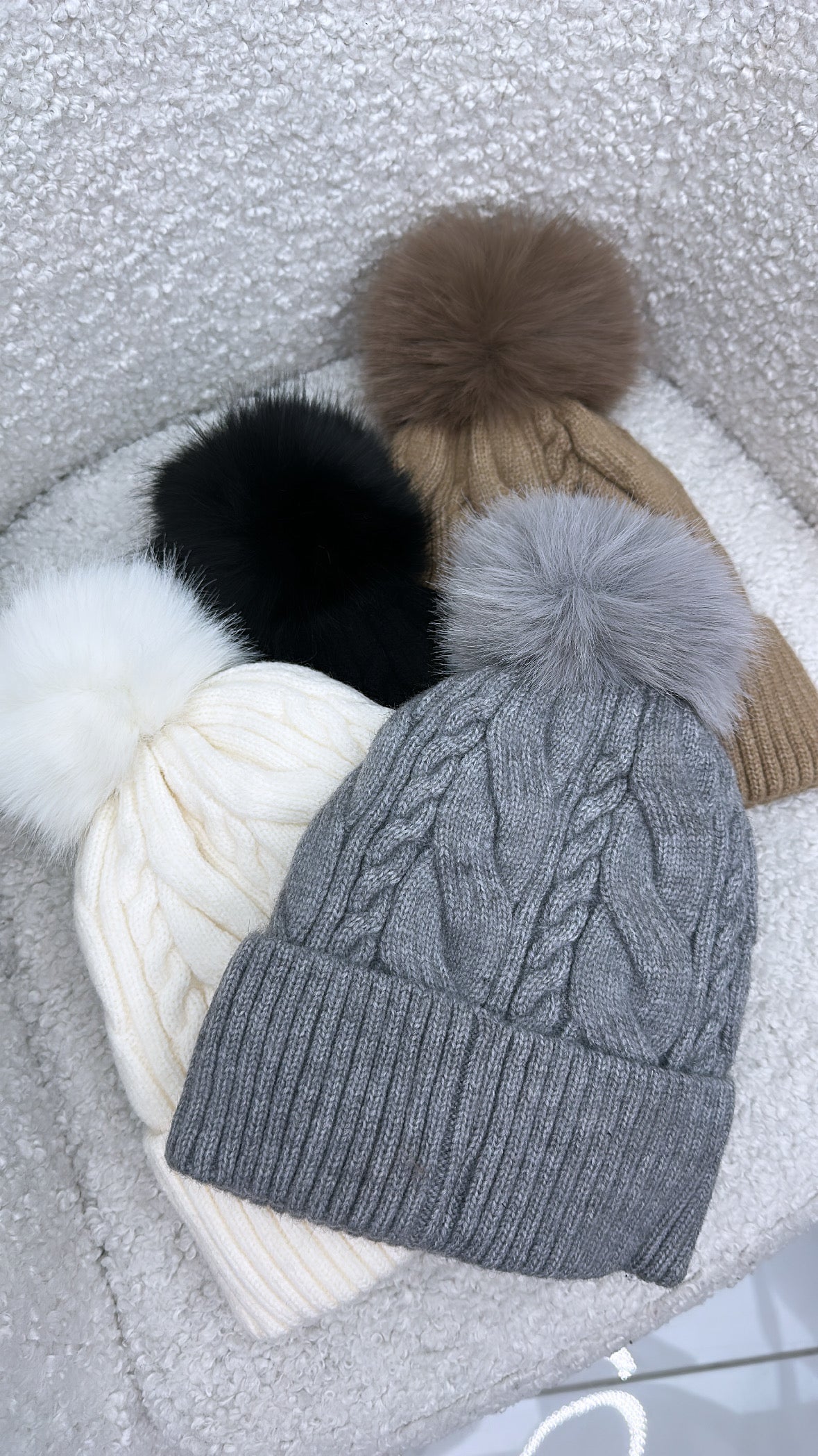 MARA grey cable knit pom pom hat