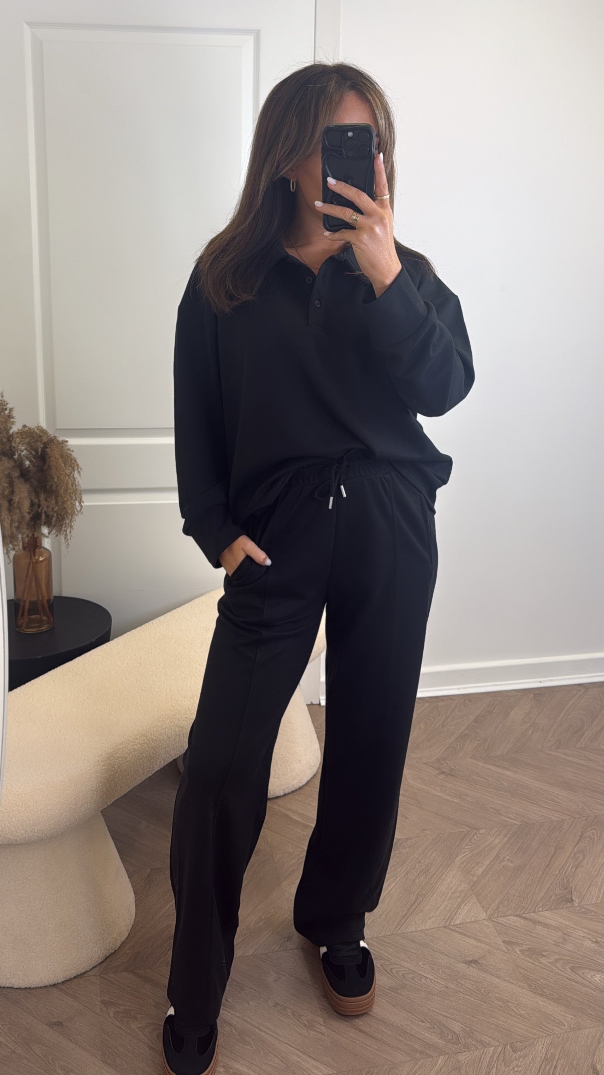 TEAGAN black polo top and trousers lounge set