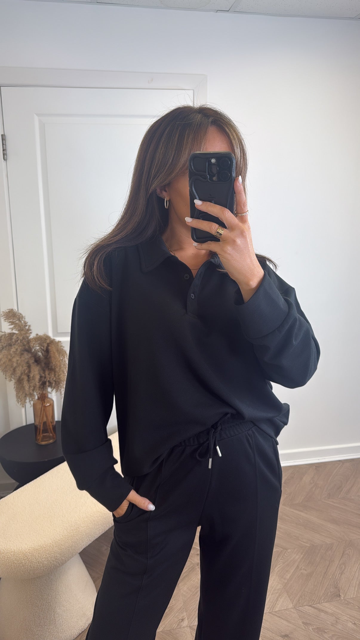 TEAGAN black polo top and trousers lounge set