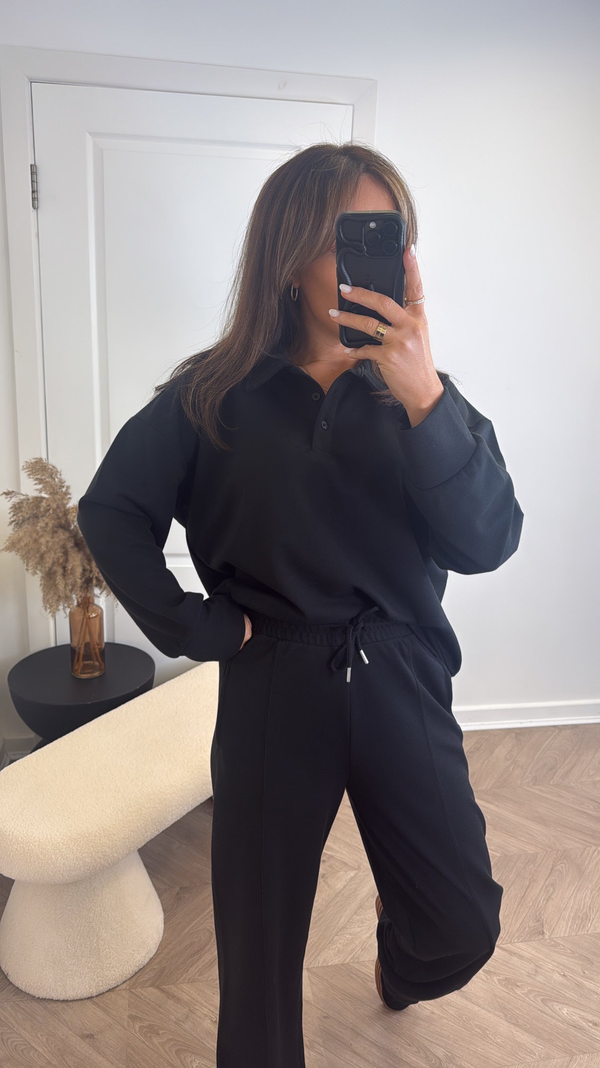 TEAGAN black polo top and trousers lounge set