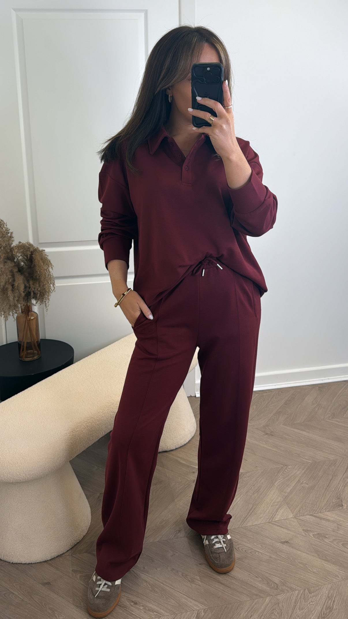 TEAGAN burgundy polo top and trousers lounge set