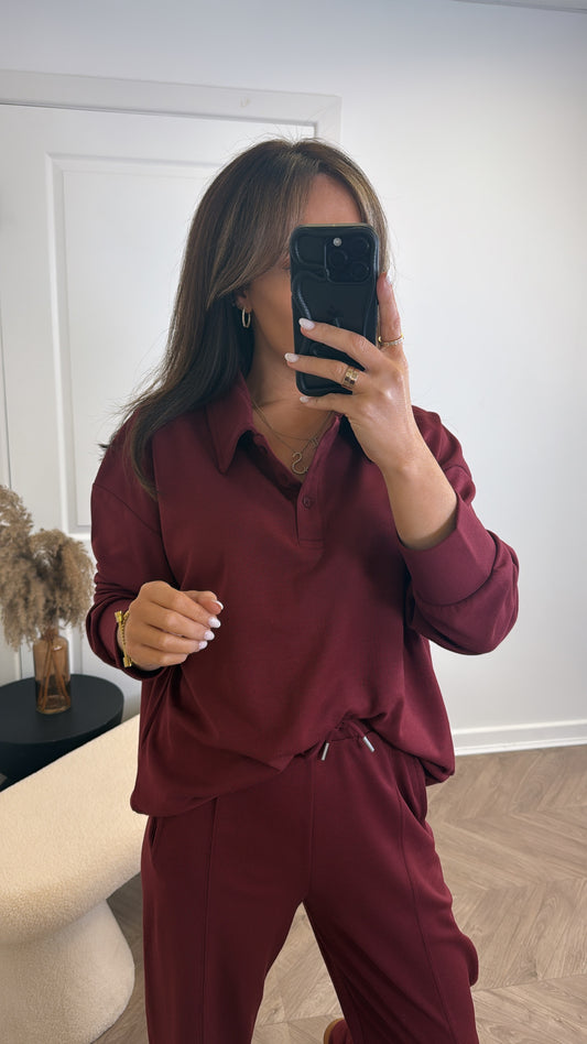 TEAGAN burgundy polo top and trousers lounge set