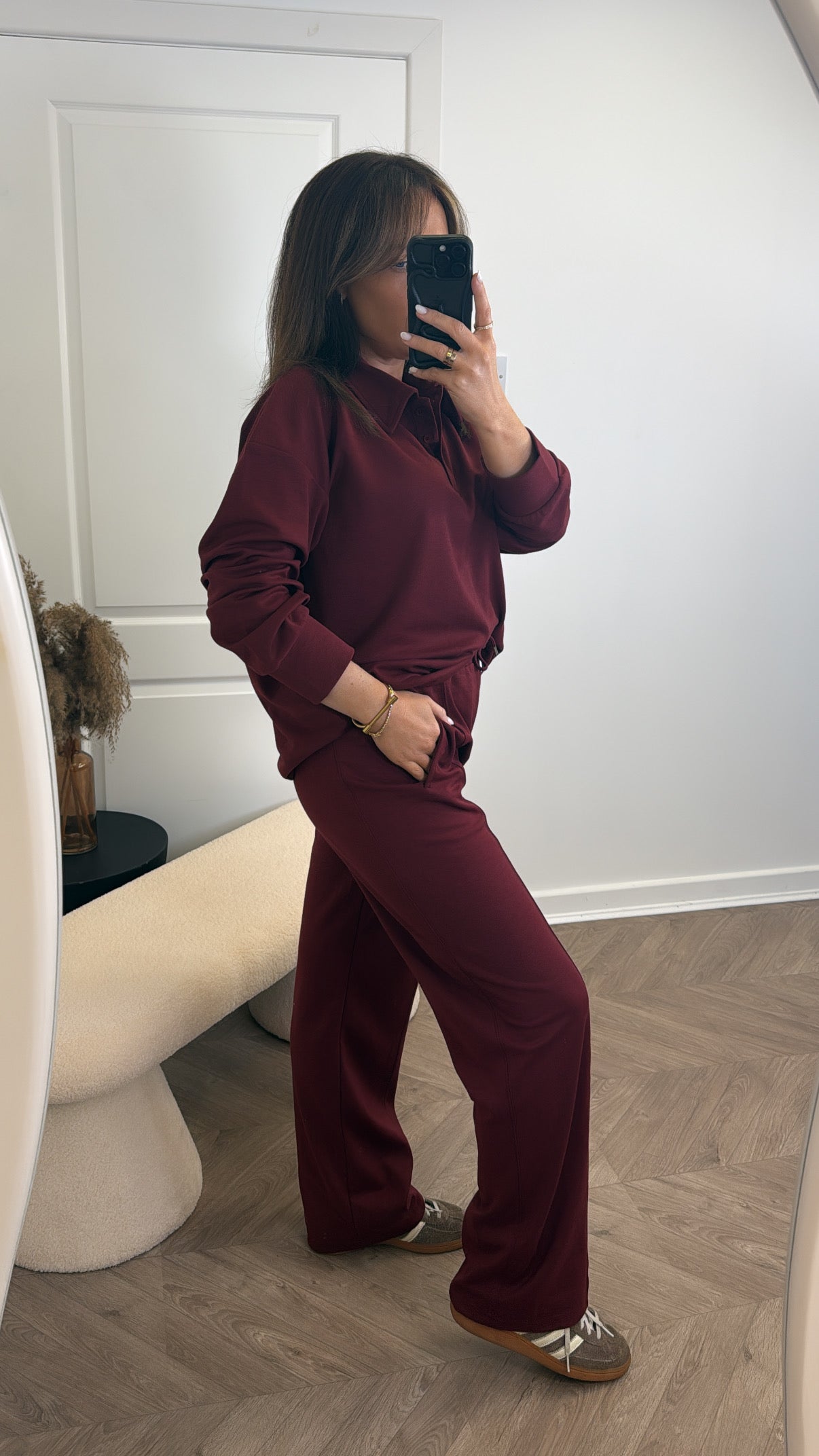 TEAGAN burgundy polo top and trousers lounge set