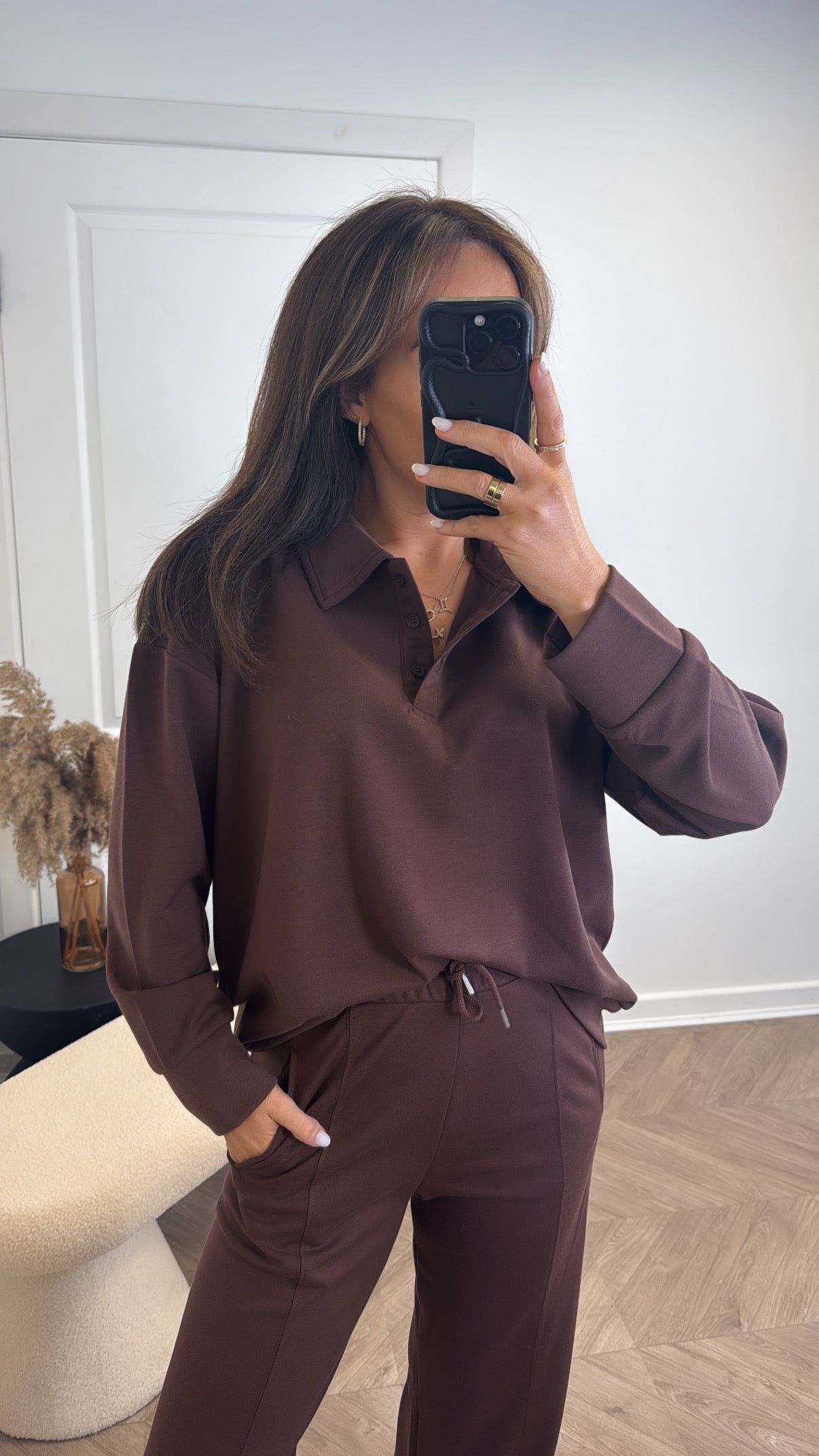 TEAGAN brown polo top and trousers lounge set