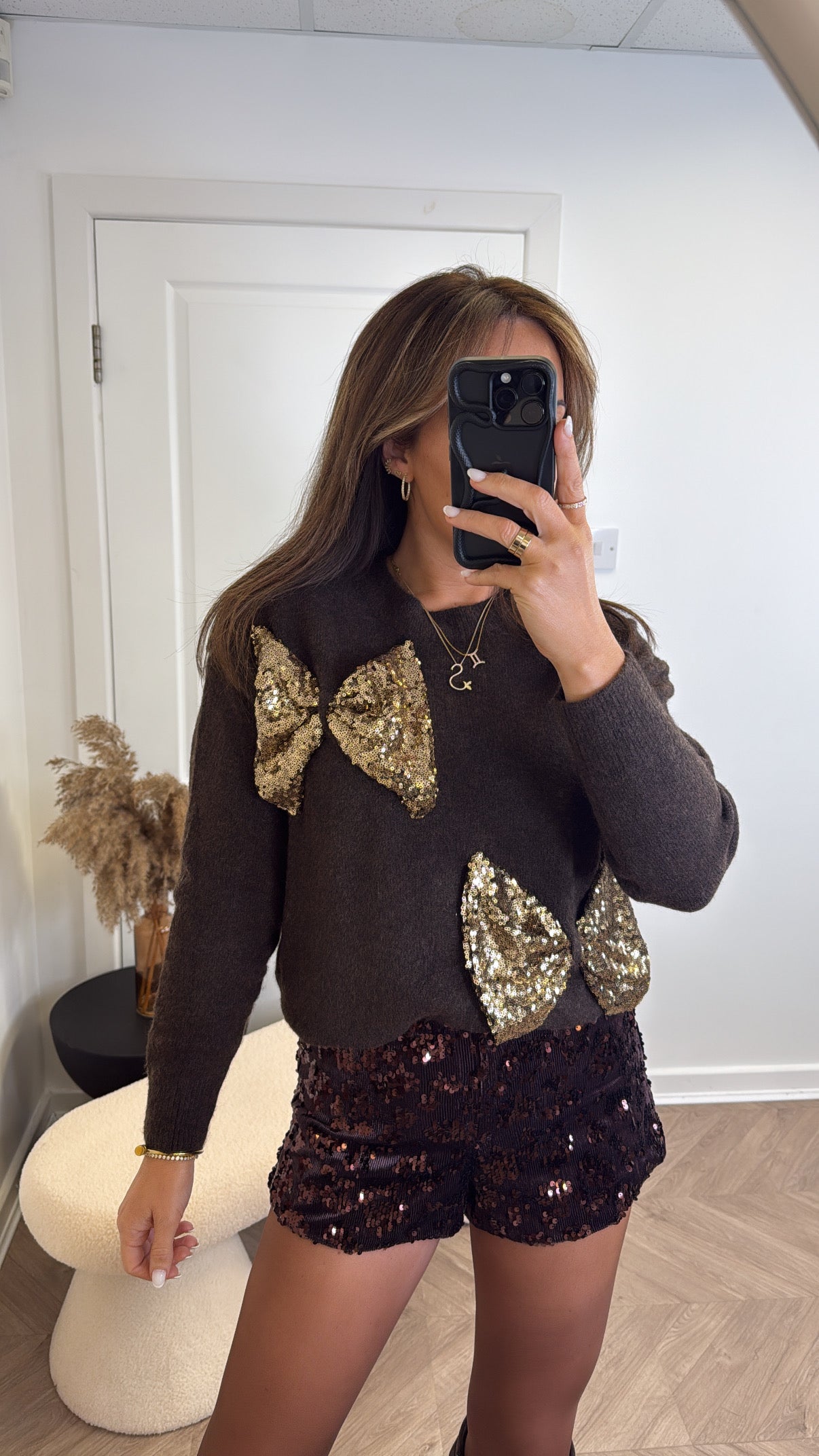 SYLVIE brown soft knit jumper with sequin bows