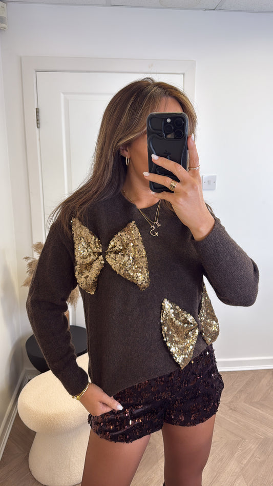 SYLVIE brown soft knit jumper with sequin bows